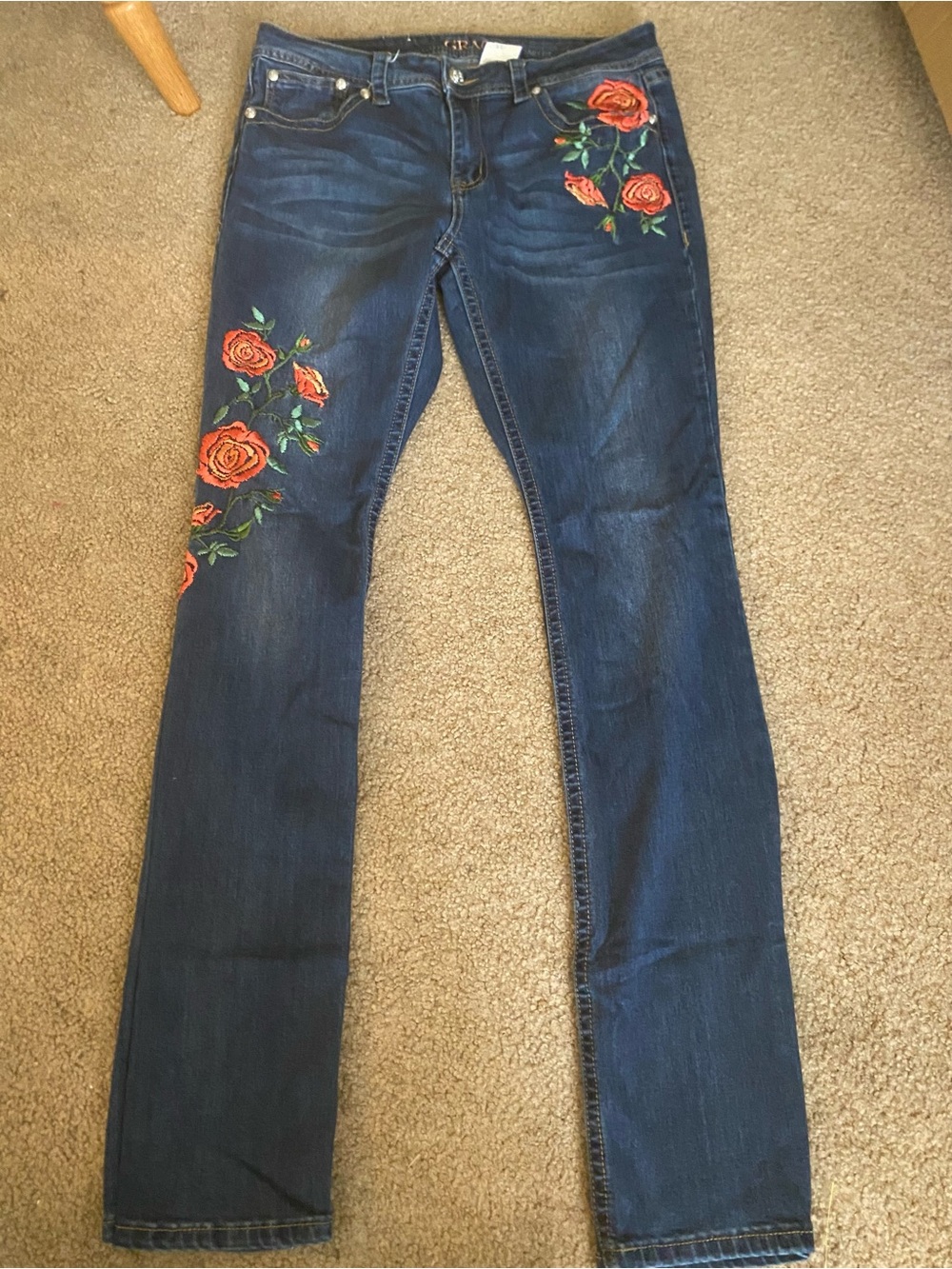 Grace in LA Dark Blue Skinny Jeans with Red Rose Embroidery